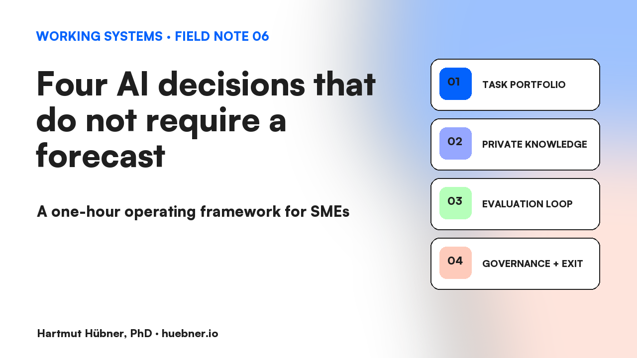 Four robust AI decisions arranged around an uncertain path