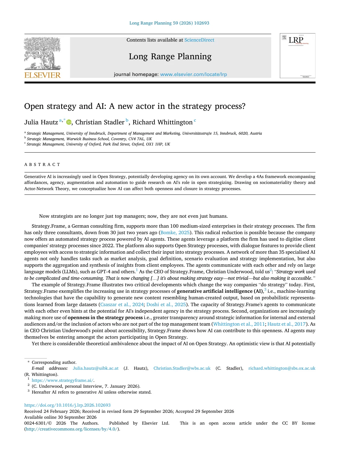 Erste Seite von Open strategy and AI: A new actor in the strategy process? von Julia Hautz, Christian Stadler und Richard Whittington